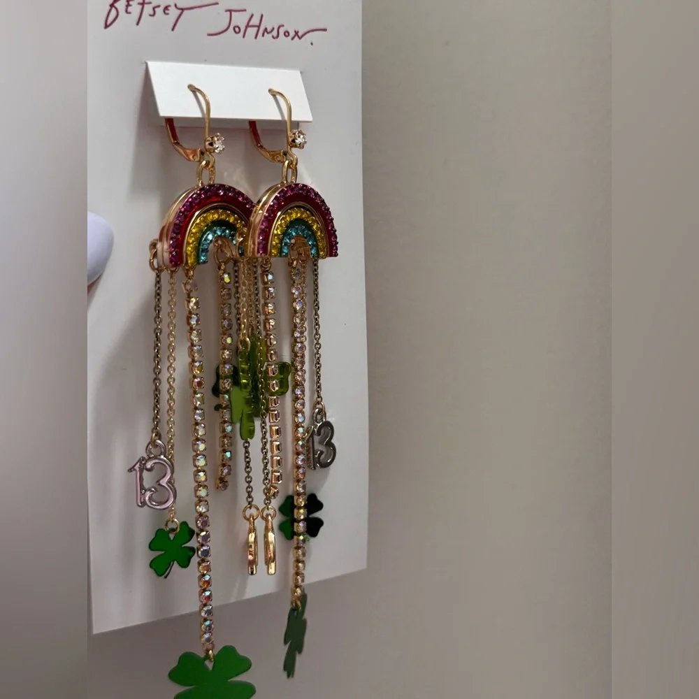 NWT Betsey Johnson Rainbow Lucky Charm Drop Earrings, St Patrickās Day Glam - Picture 3 of 9